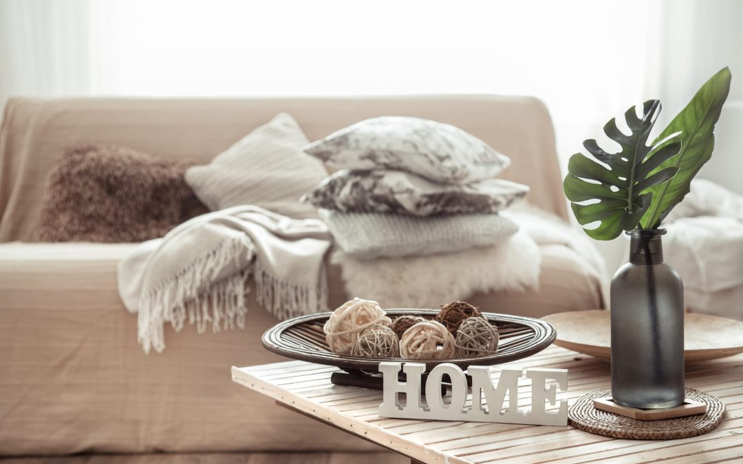 Cozy bright living room with sofa and pillows.