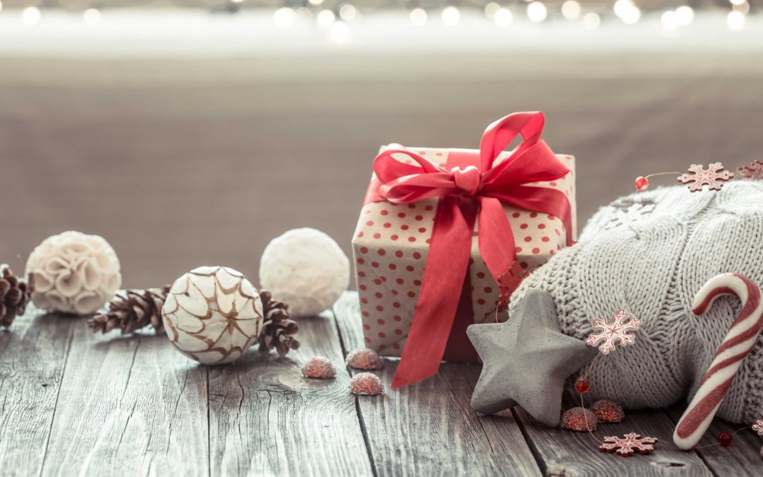 Cozy Christmas background on a wooden background .