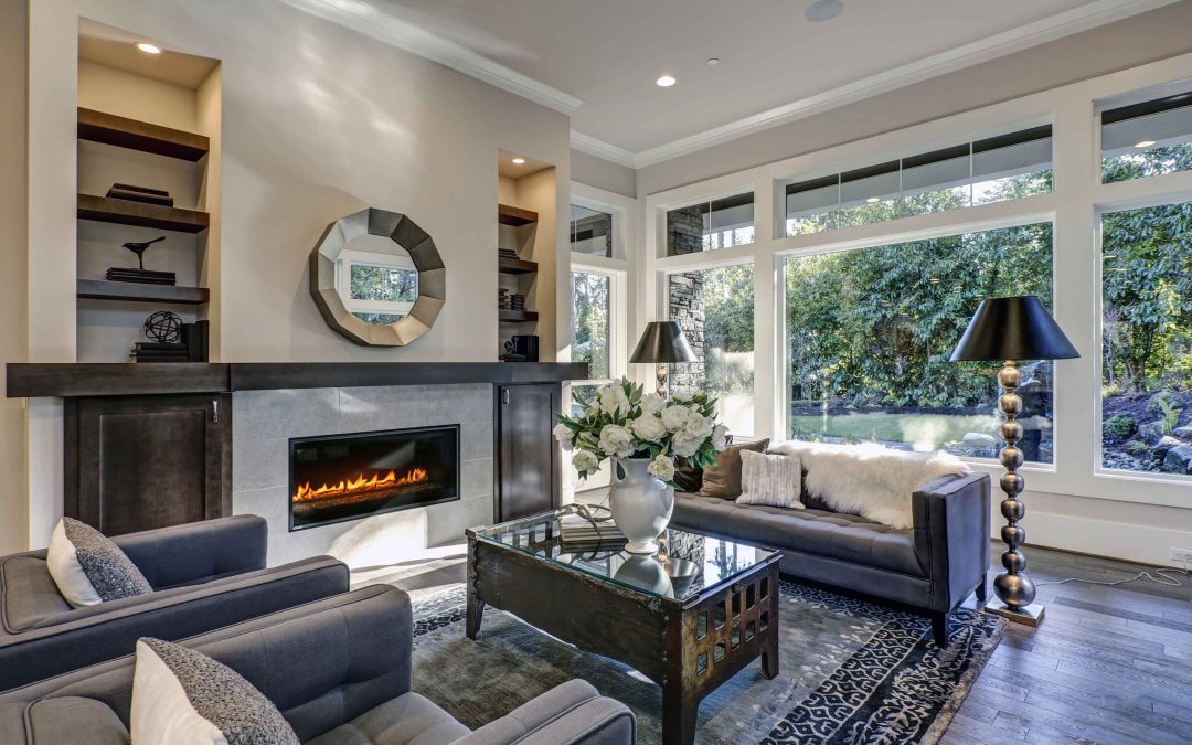 Chic living room filled with built-in fireplace