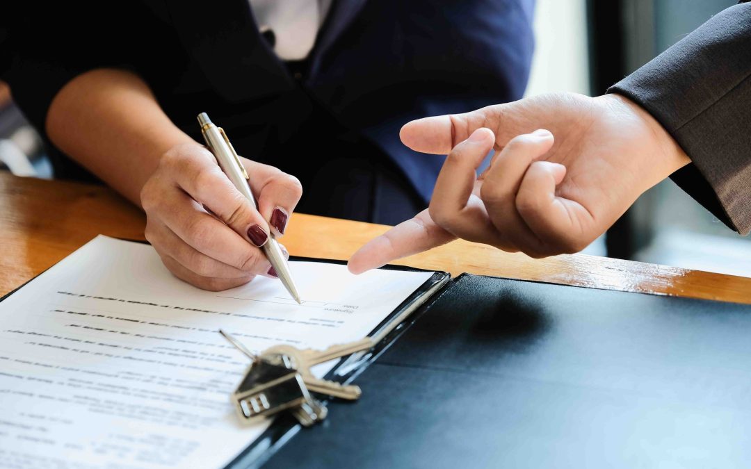 Real estate agent offer hand for customer sign agreement contrac
